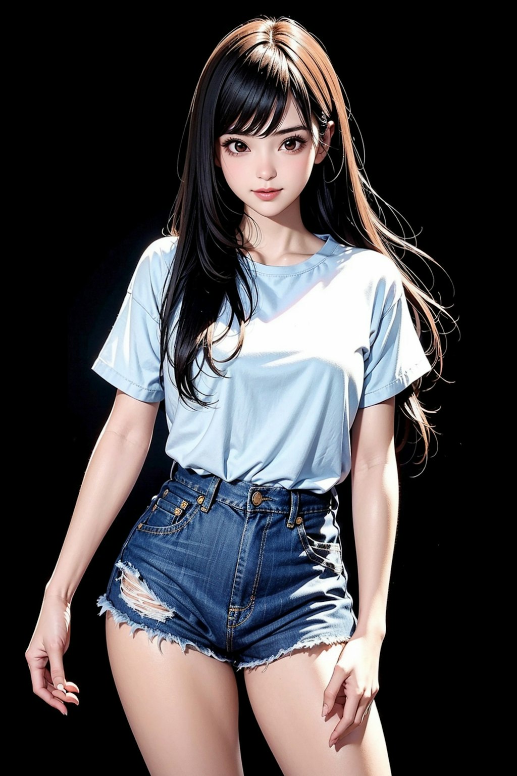 Ｔシャツに短パンデニムのお姉さん