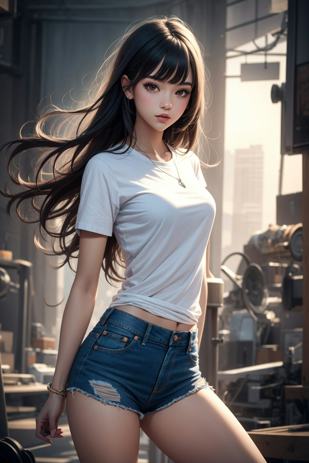 Ｔシャツに短パンデニムのお姉さん