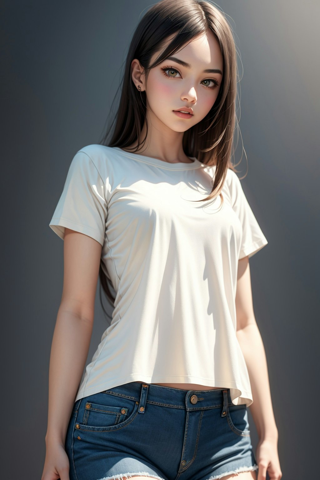 Ｔシャツに短パンデニムのお姉さん