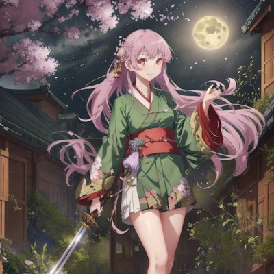 満月、桜、日本刀の少女