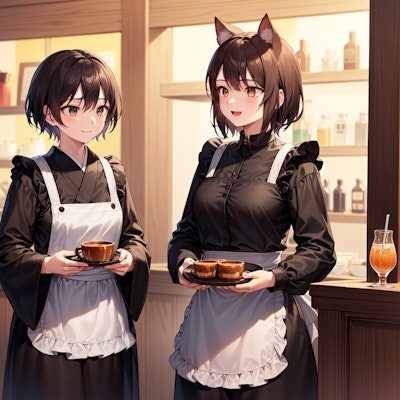 猫娘が働く喫茶店の忙しい時間帯に配膳も手伝う僧侶
