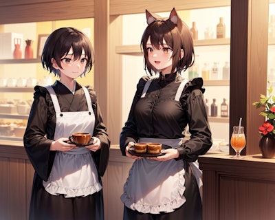 猫娘が働く喫茶店の忙しい時間帯に配膳も手伝う僧侶