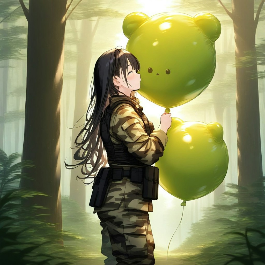 森の中で緑色のキャラ風船を膨らませて遊ぶ迷彩服の美女