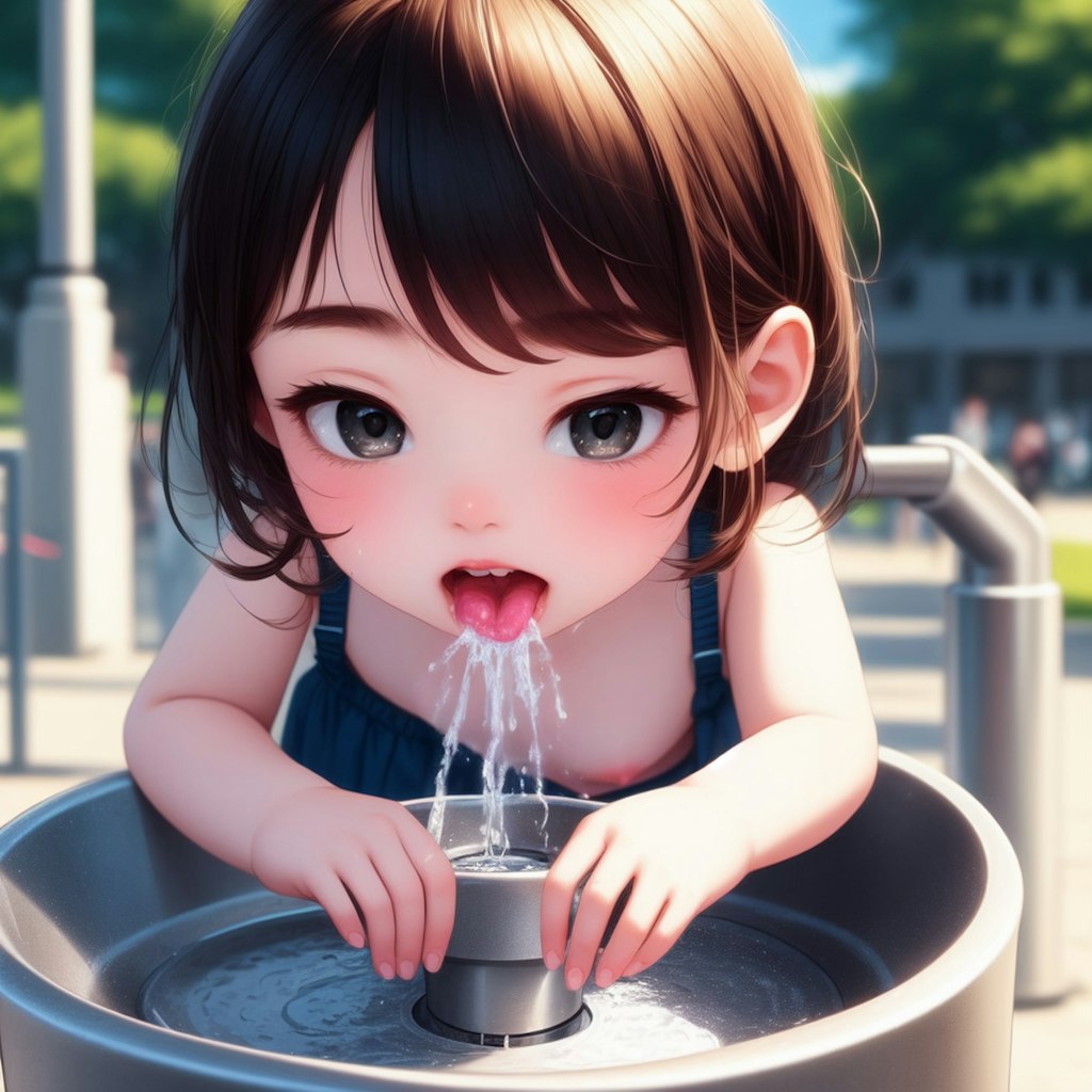 公園で水を飲む幼女の胸チラ