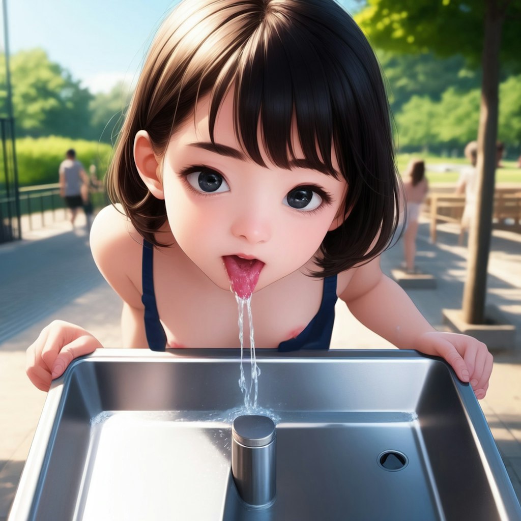 公園で水を飲む幼女の胸チラ