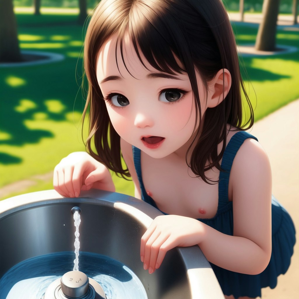 公園で水を飲む幼女の胸チラ