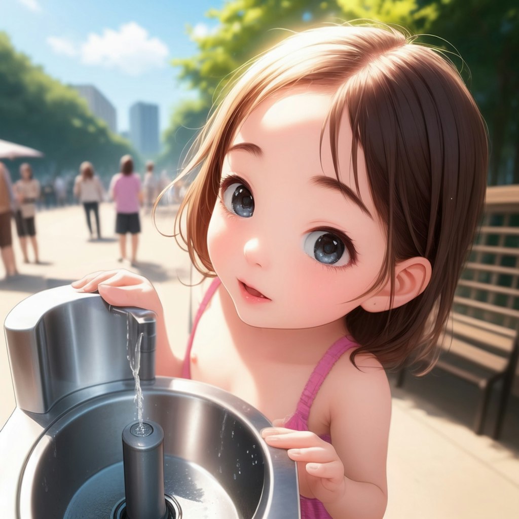 公園で水を飲む幼女の胸チラ