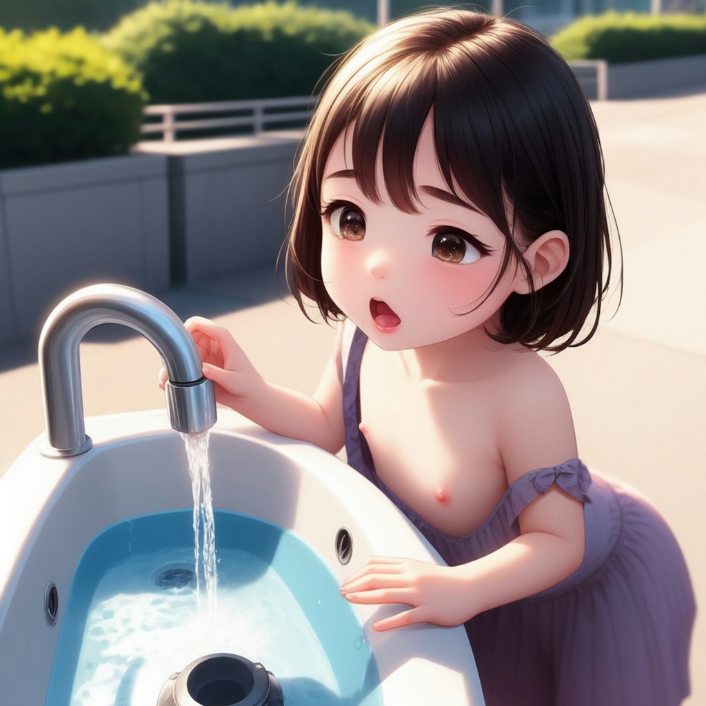 公園で水を飲む幼女の胸チラ