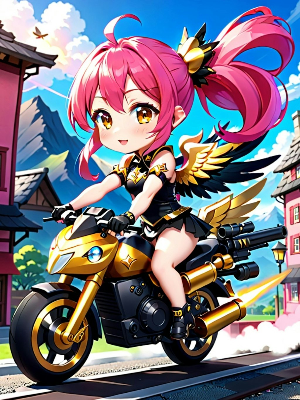 バイクとピンク髪ちゃん