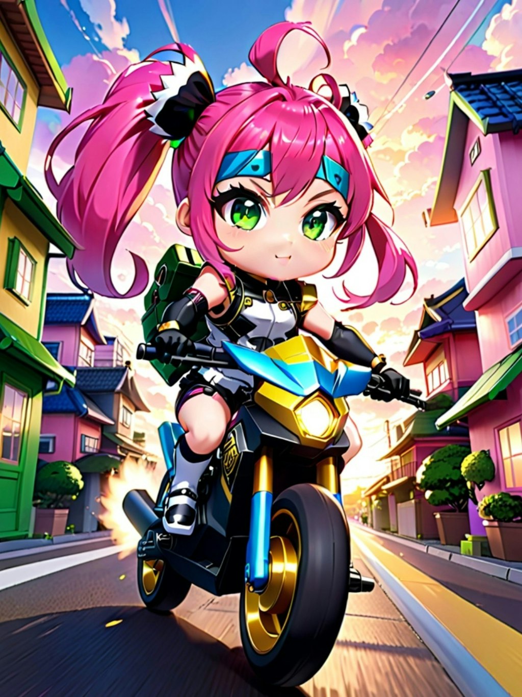 バイクとピンク髪ちゃん