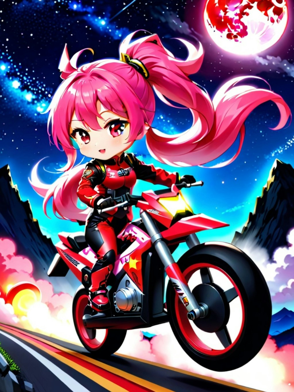 バイクとピンク髪ちゃん
