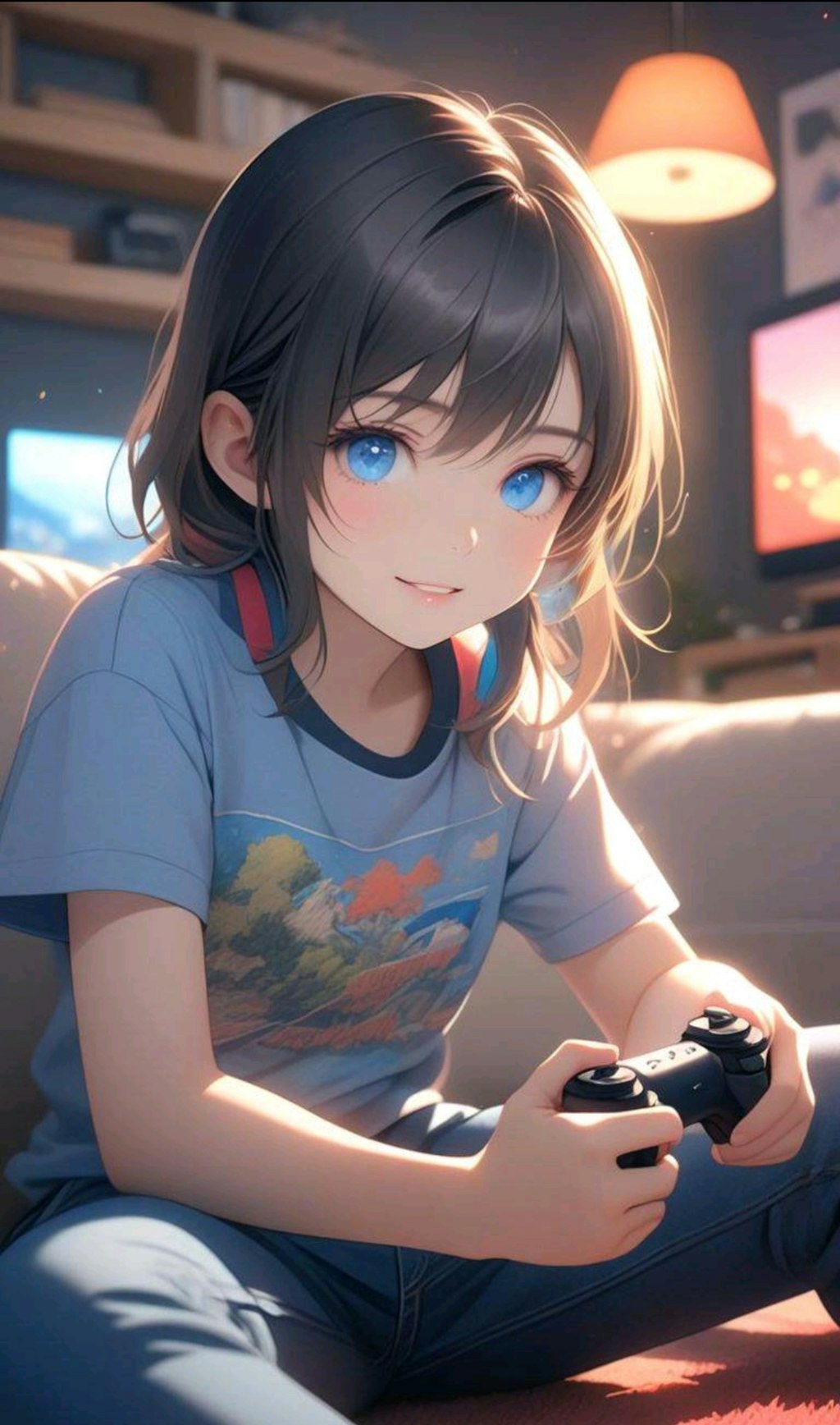 格闘ゲームをする小さな女の子