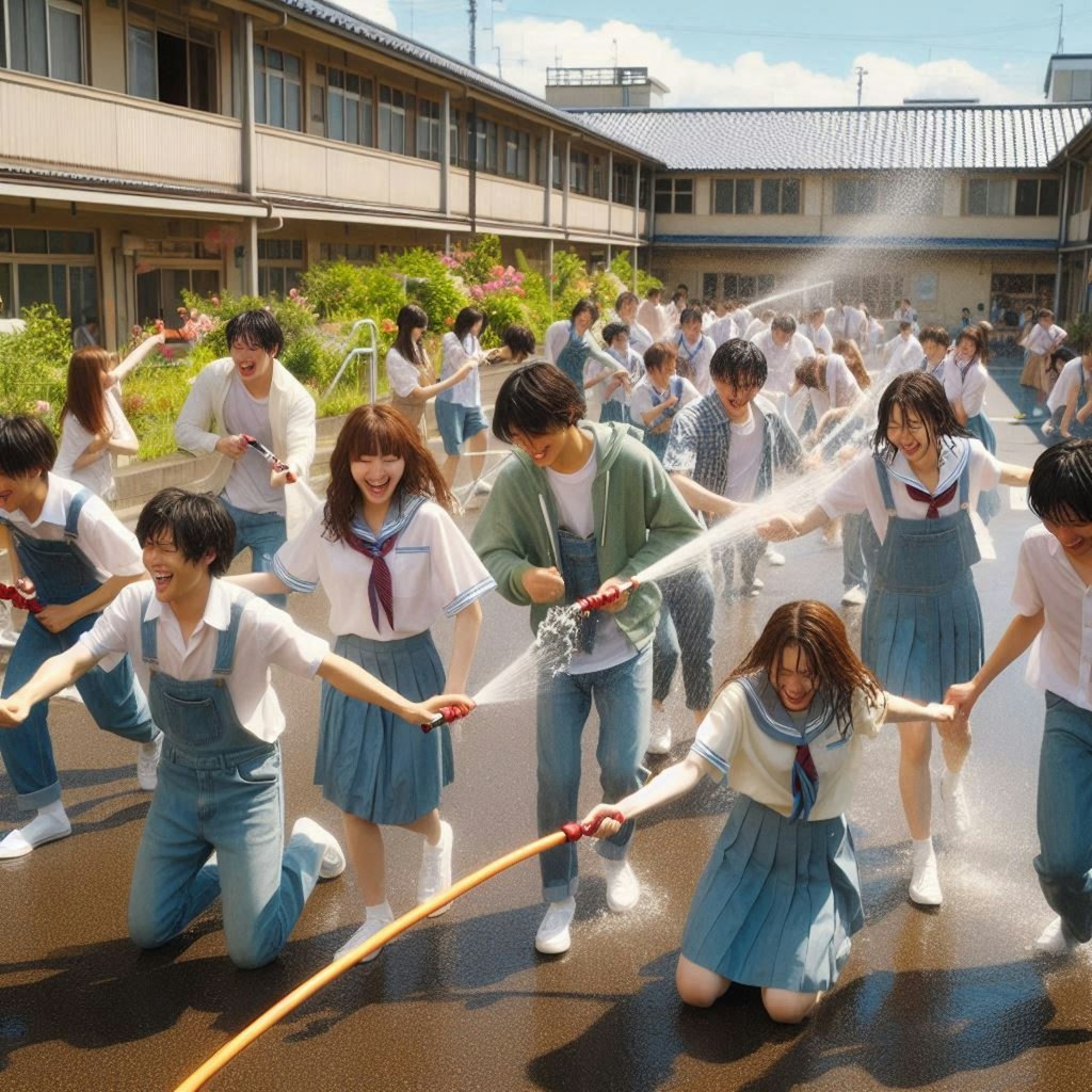 暑さを忘れて水遊び