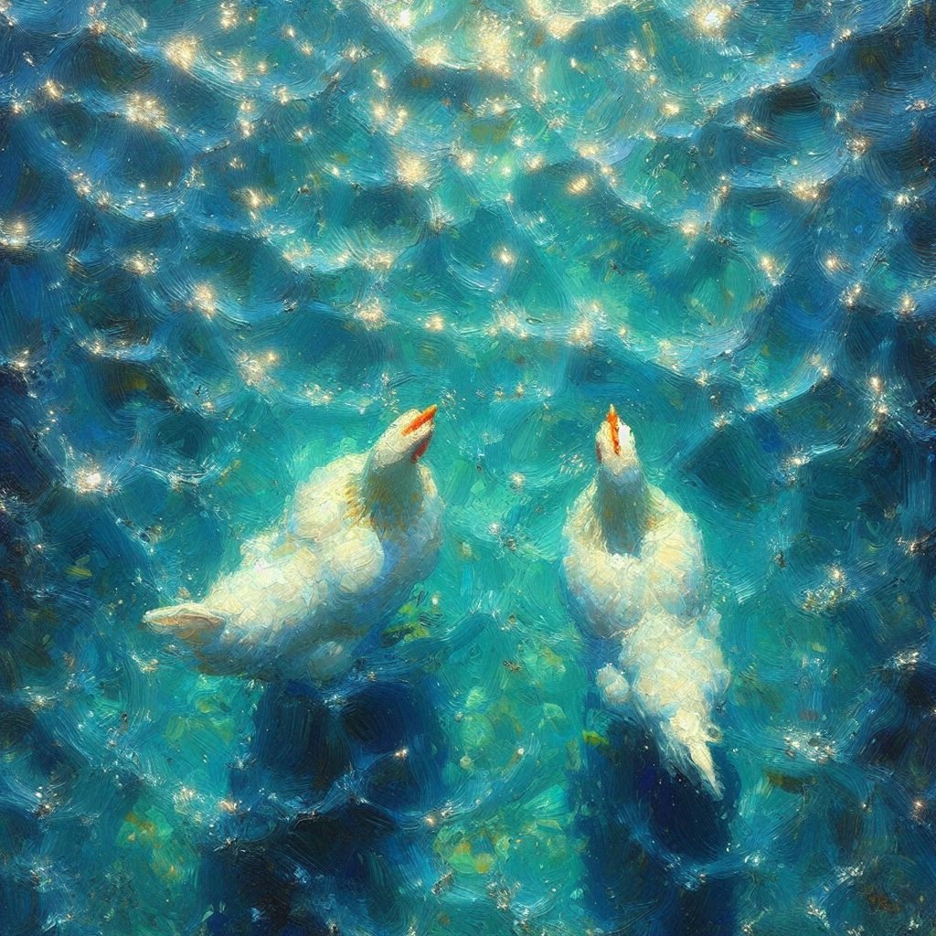 Chickens in blue water