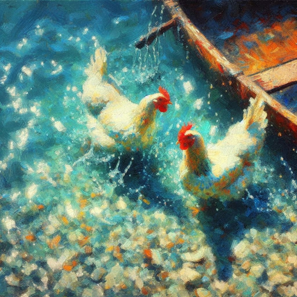 Chickens in blue water