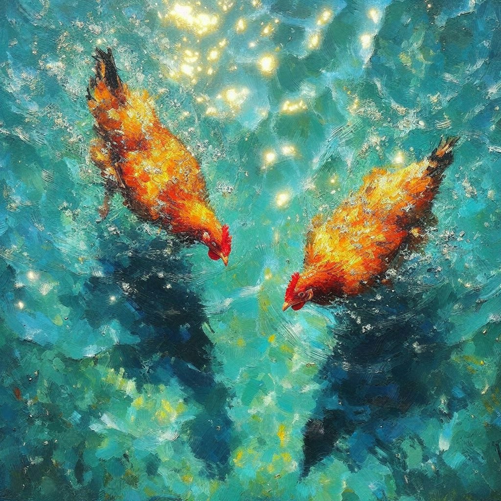 Chickens in blue water