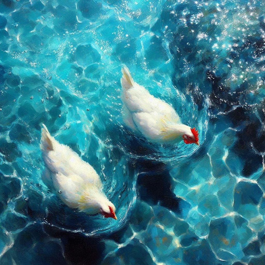 Chickens in blue water