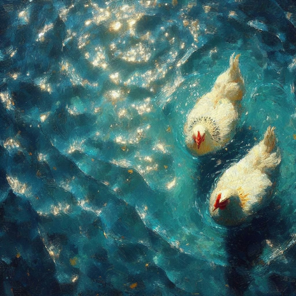 Chickens in blue water