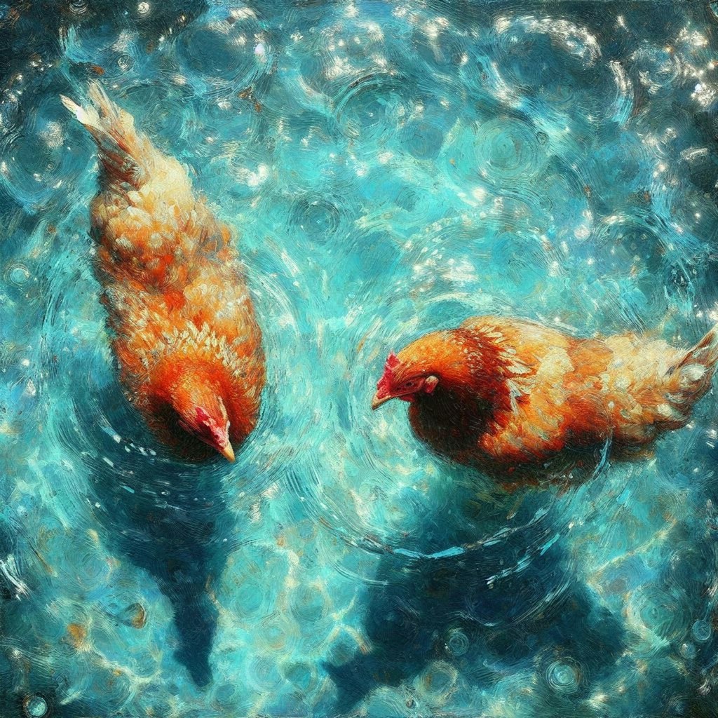 Chickens in blue water