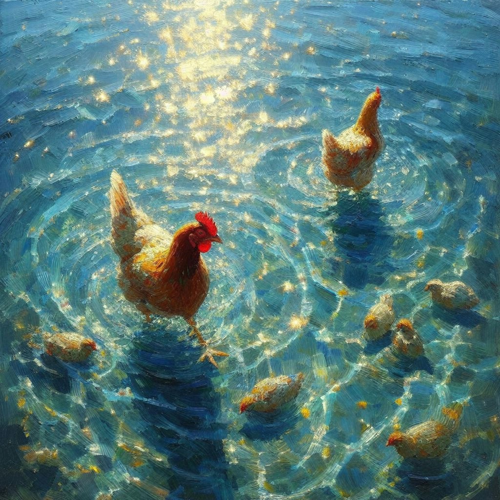 Chickens in blue water