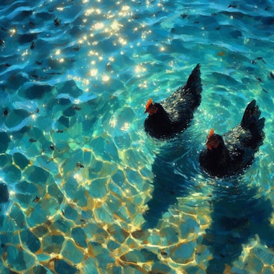 Chickens in blue water