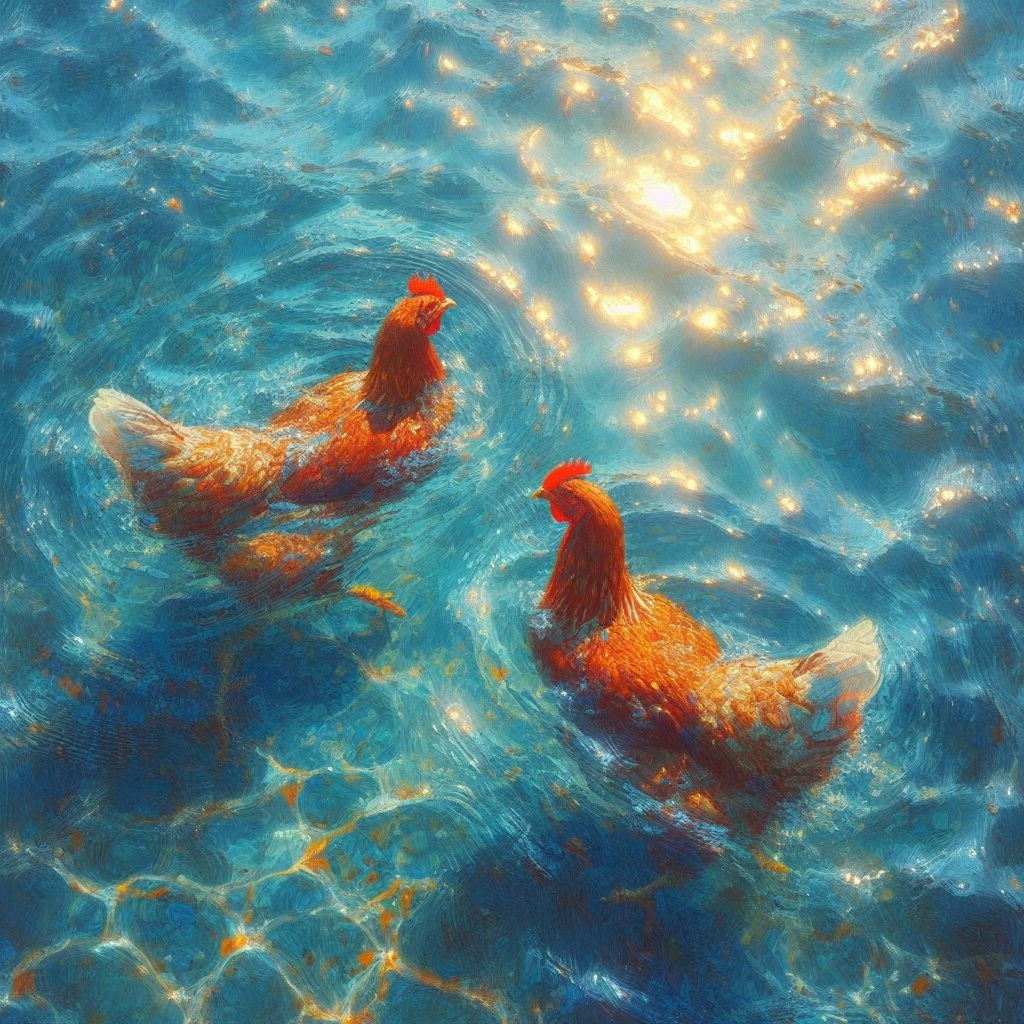 Chickens in blue water