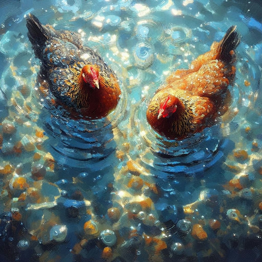 Chickens in blue water