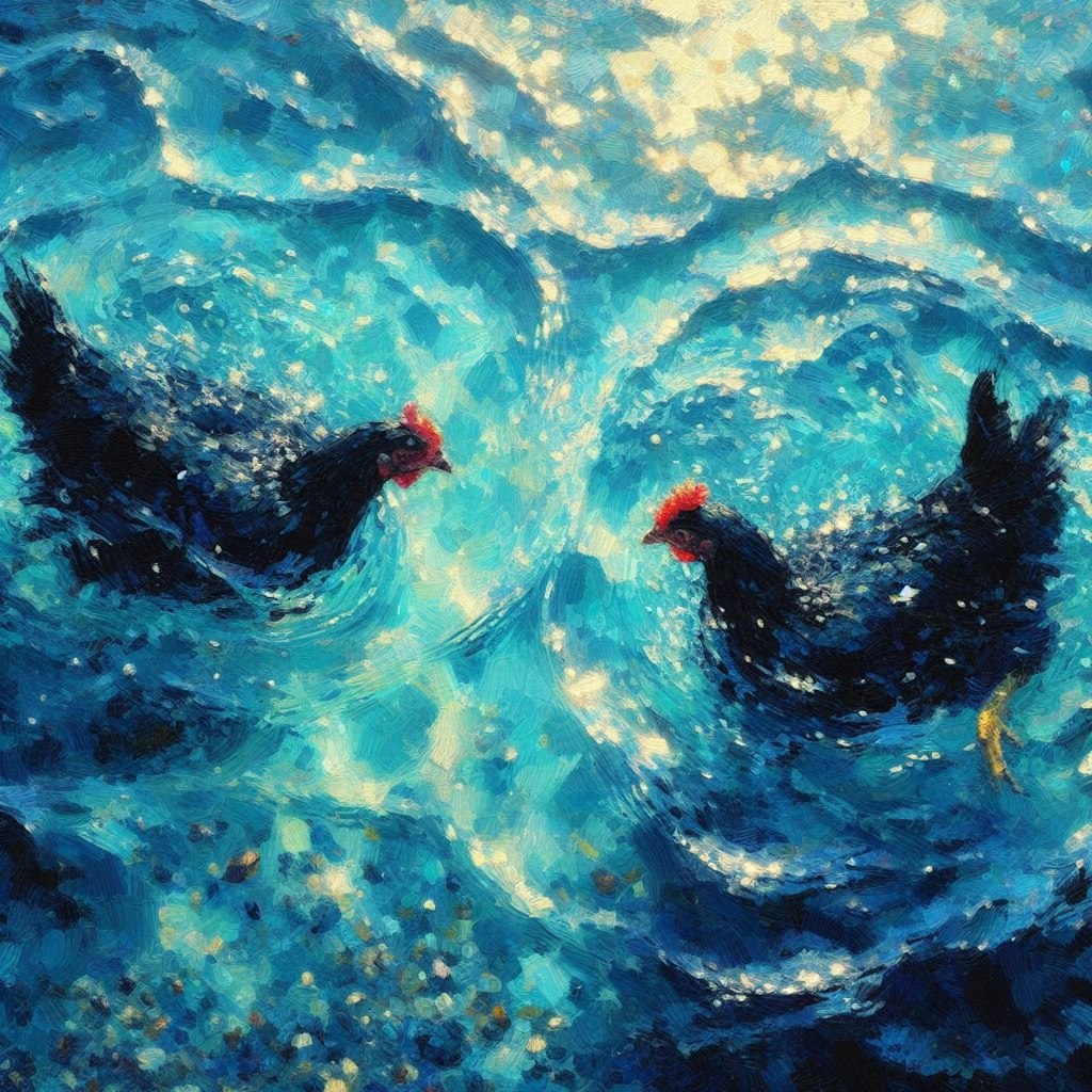 Chickens in blue water