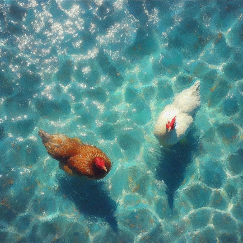 Chickens in blue water