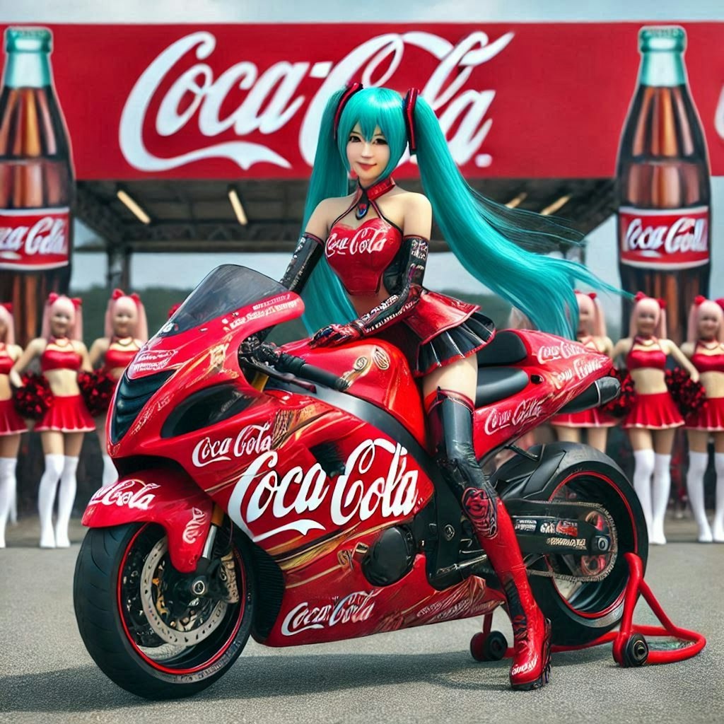 コカ・コーラカラースズキ隼のレーシングバイクとチアガール初音ミク