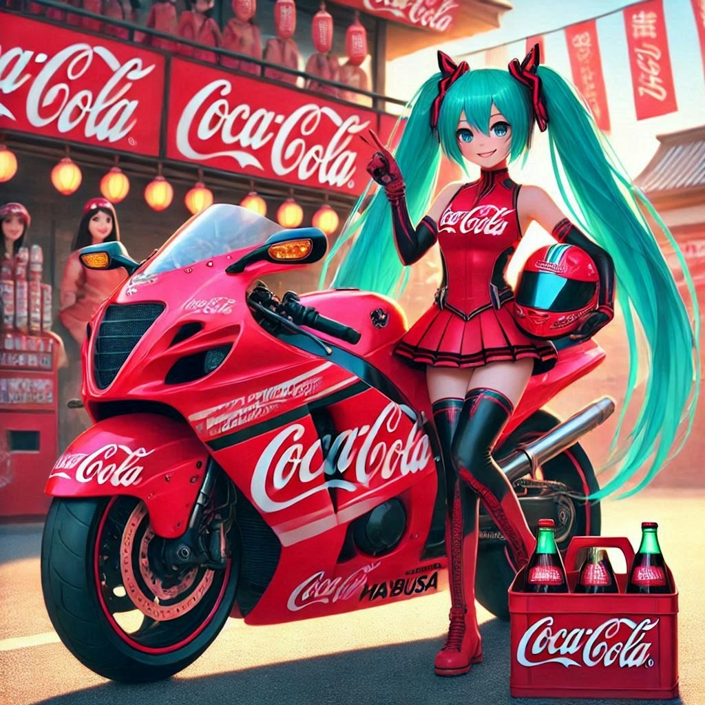 コカ・コーラカラースズキ隼のレーシングバイクとチアガール初音ミク