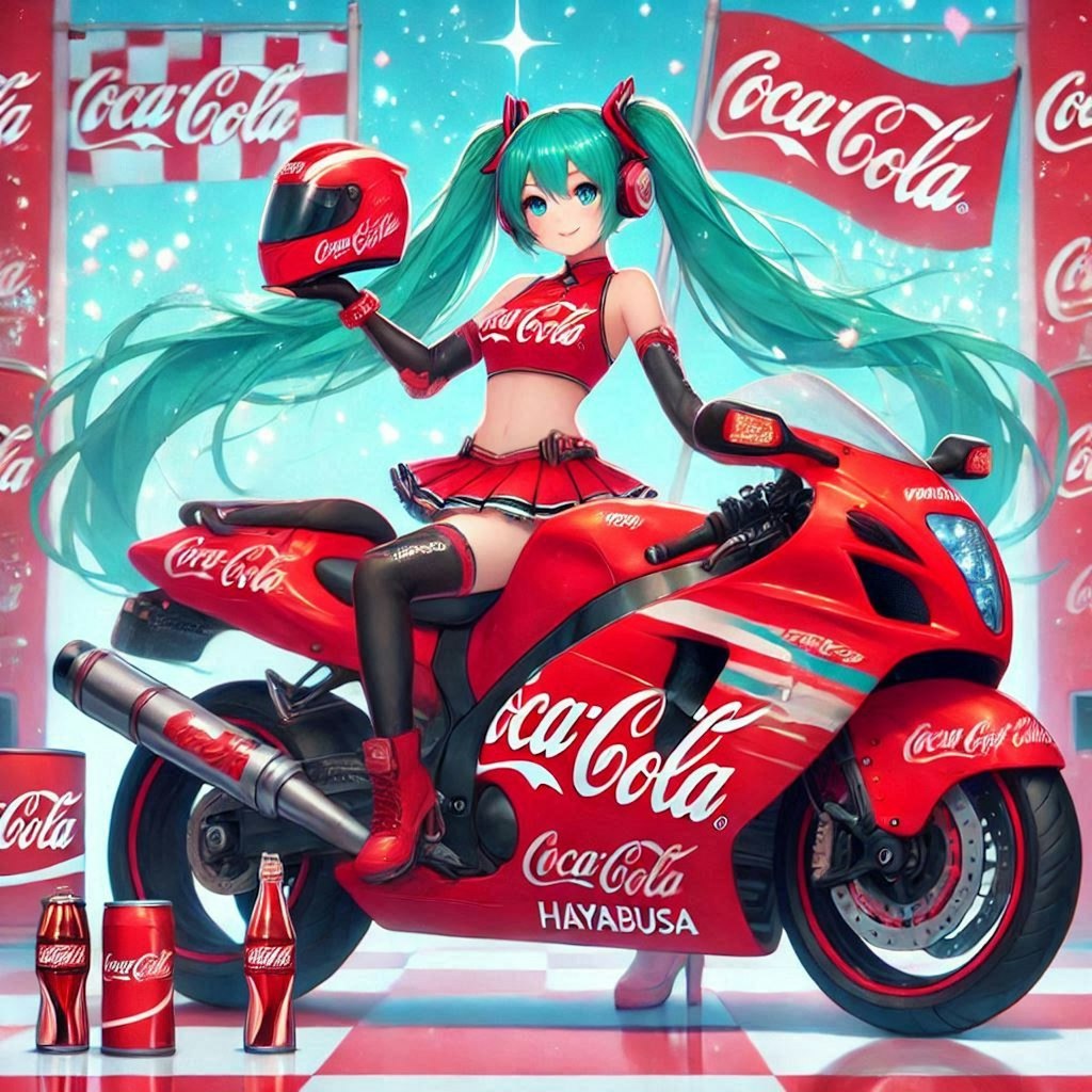 コカ・コーラカラースズキ隼のレーシングバイクとチアガール初音ミク