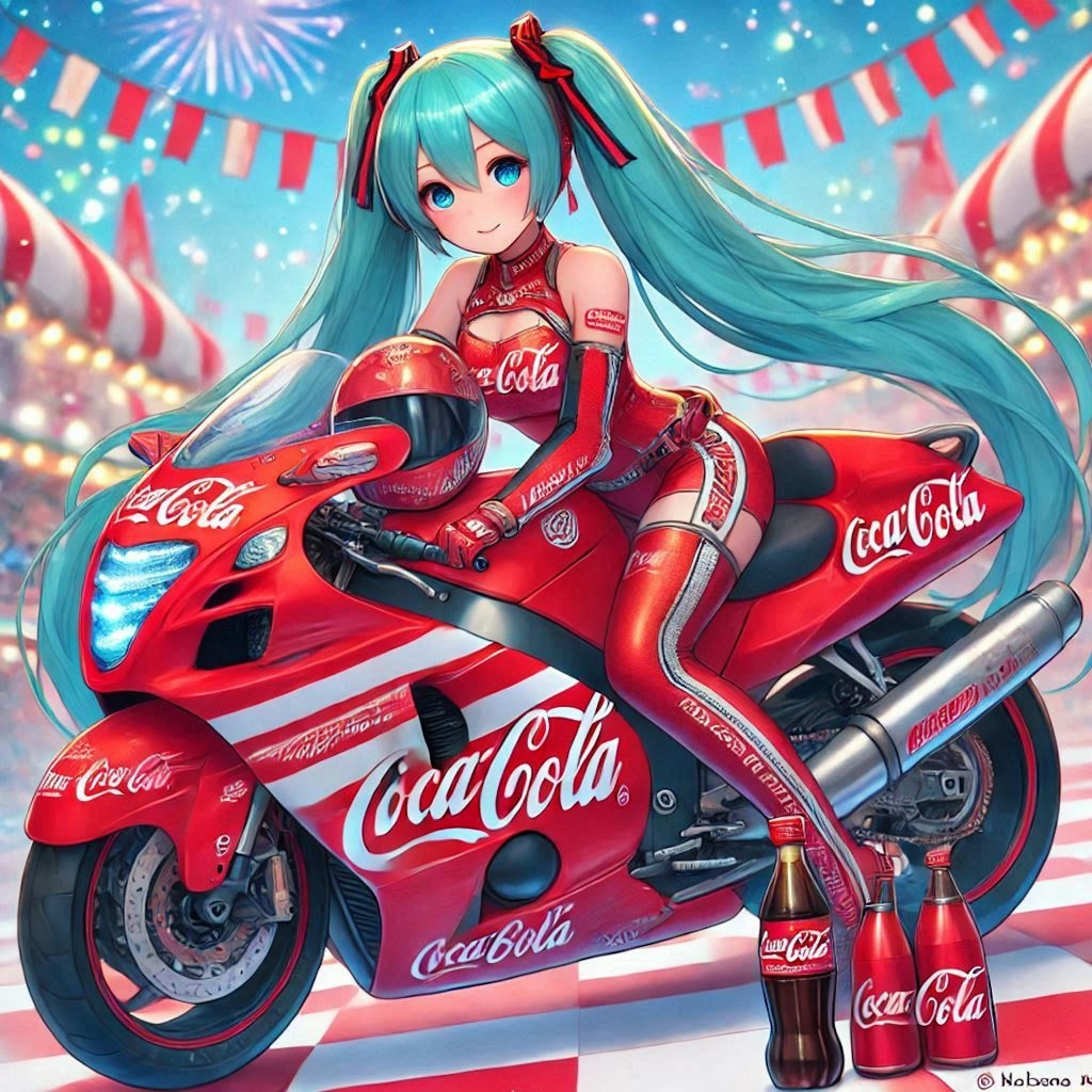 コカ・コーラカラースズキ隼のレーシングバイクとチアガール初音ミク