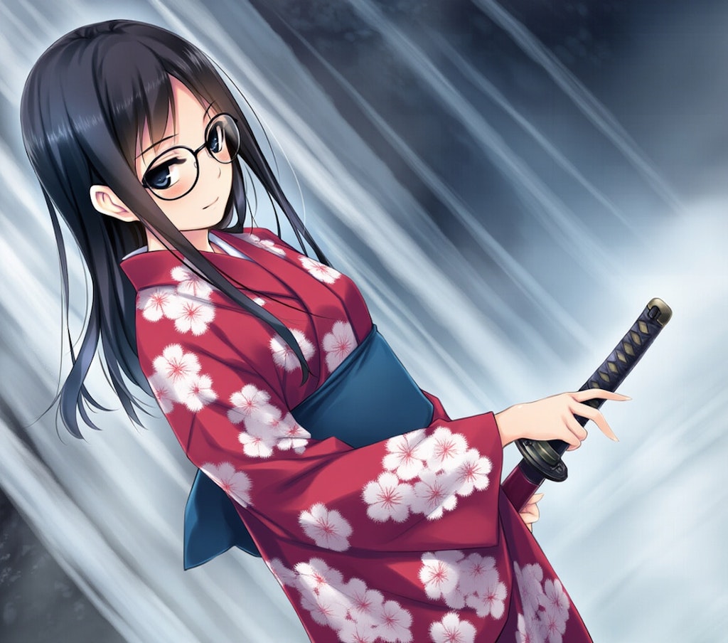 samurai girl, waterfall