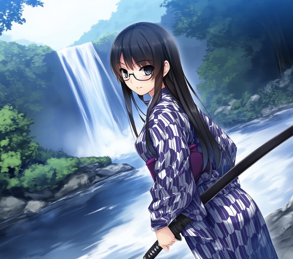 samurai girl, waterfall