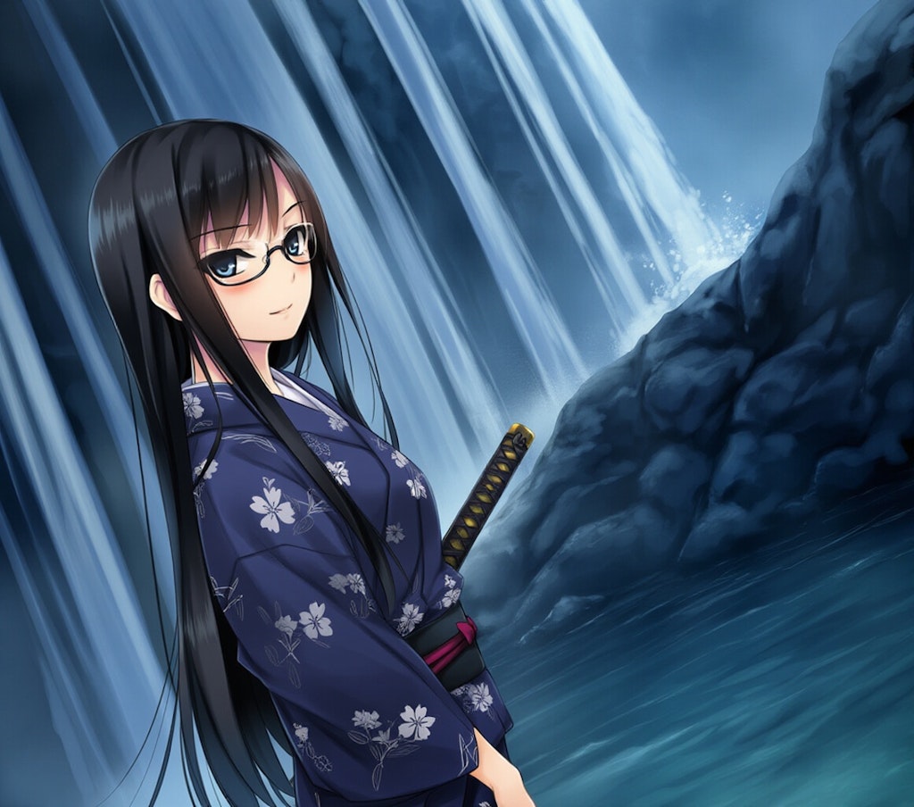 samurai girl, waterfall