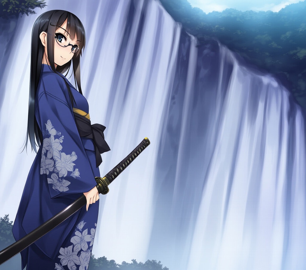 samurai girl, waterfall