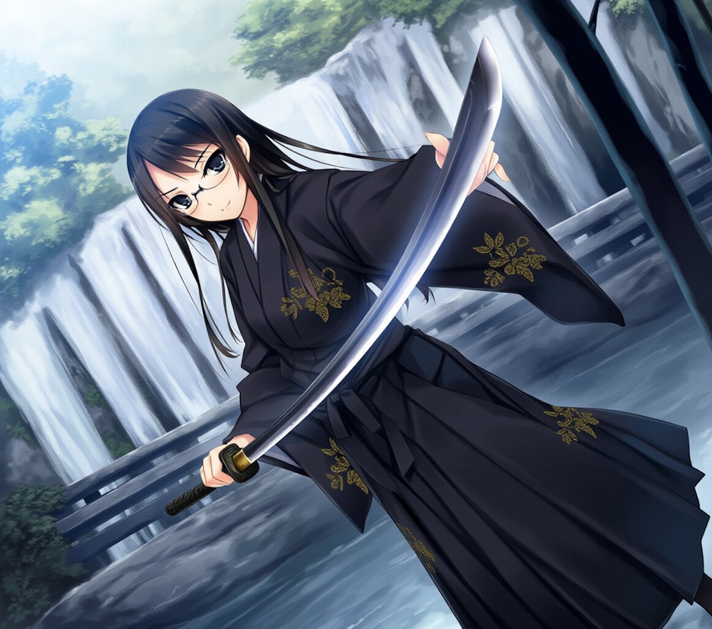 samurai girl, waterfall