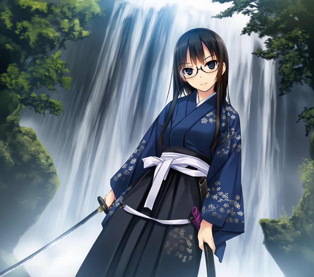 samurai girl, waterfall