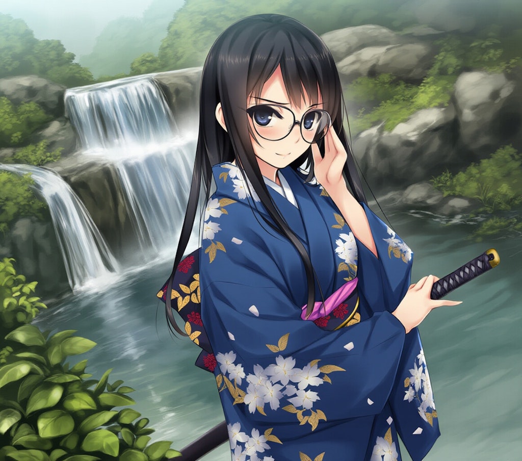 samurai girl, waterfall