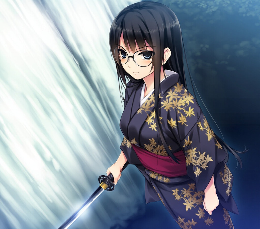 samurai girl, waterfall