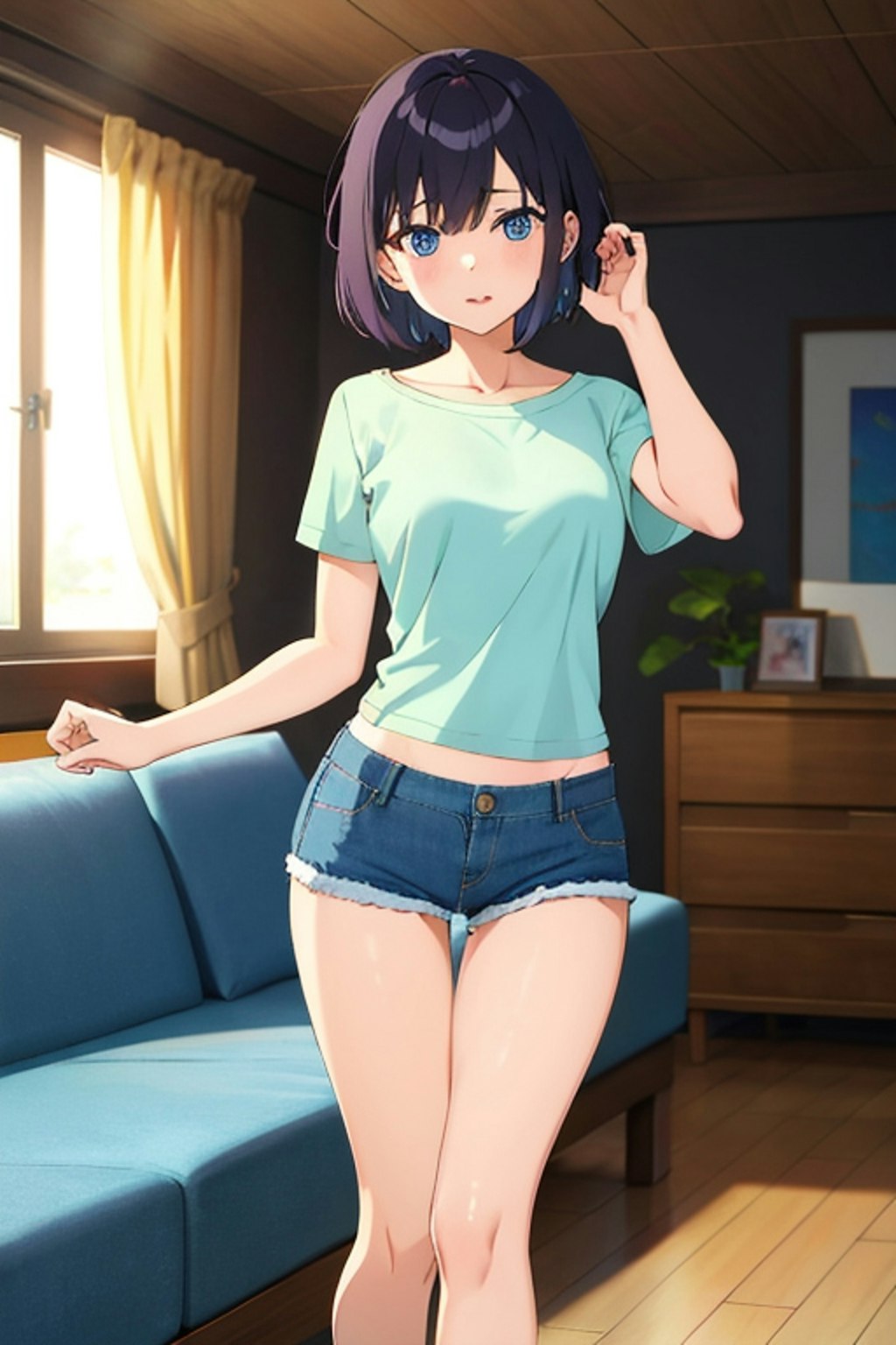 デニムショートパンツ履いた女の子を生成してみました。