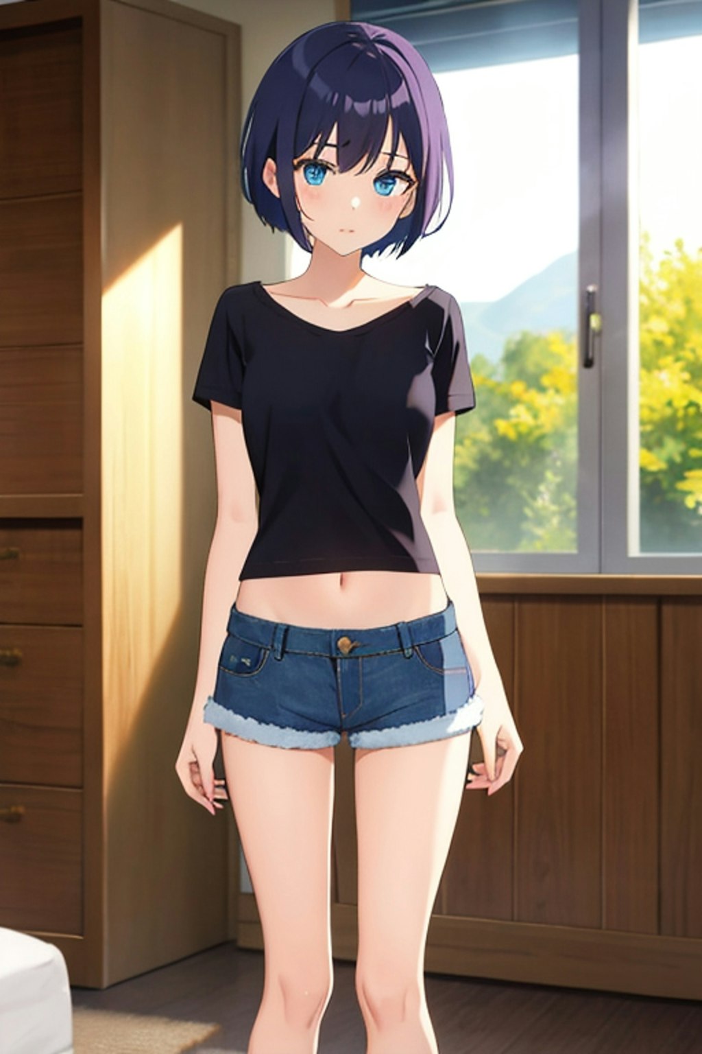 デニムショートパンツ履いた女の子を生成してみました。