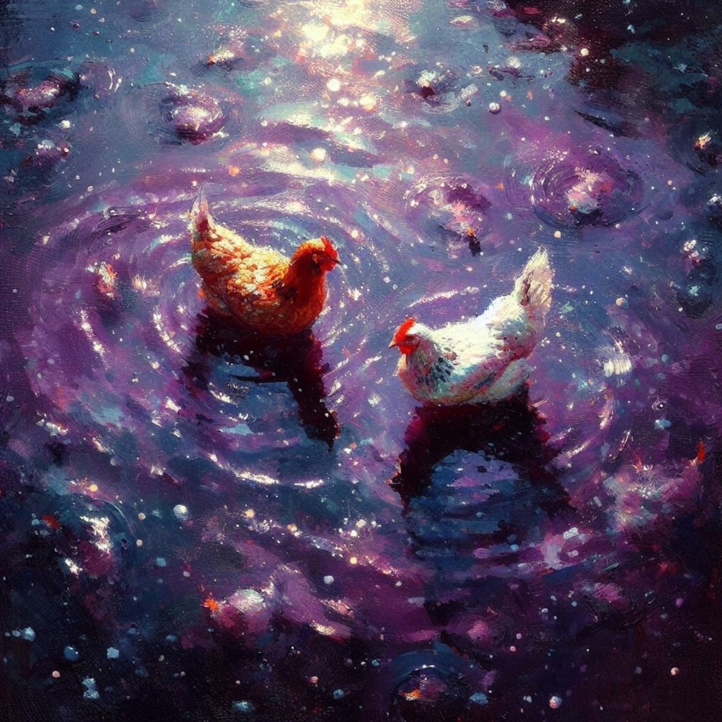 Hens in purple water