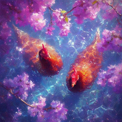 Hens in purple water