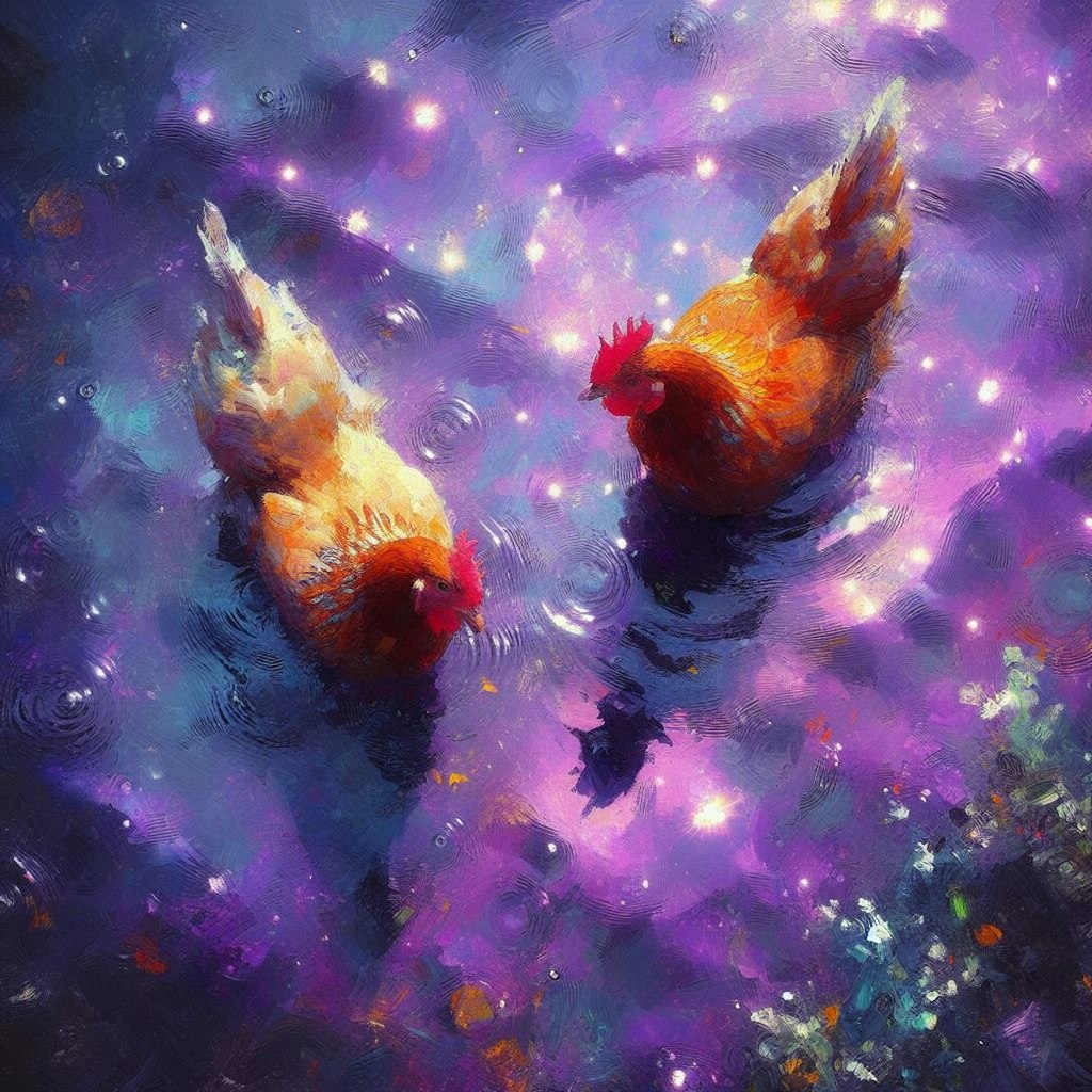 Hens in purple water