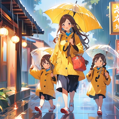 傘をさして歩く母と子供たち