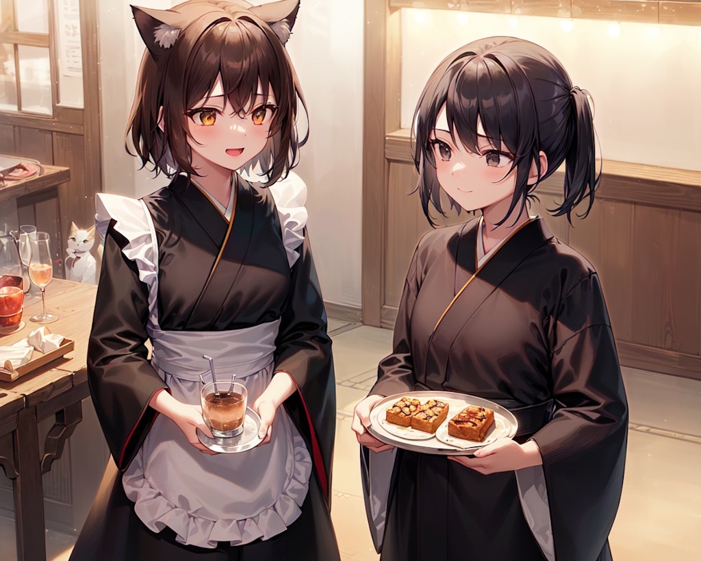 和服メイド姿で喫茶店で働く猫娘と手伝いに来てくれた僧侶