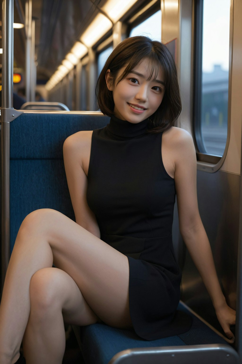 電車に乗っている女性