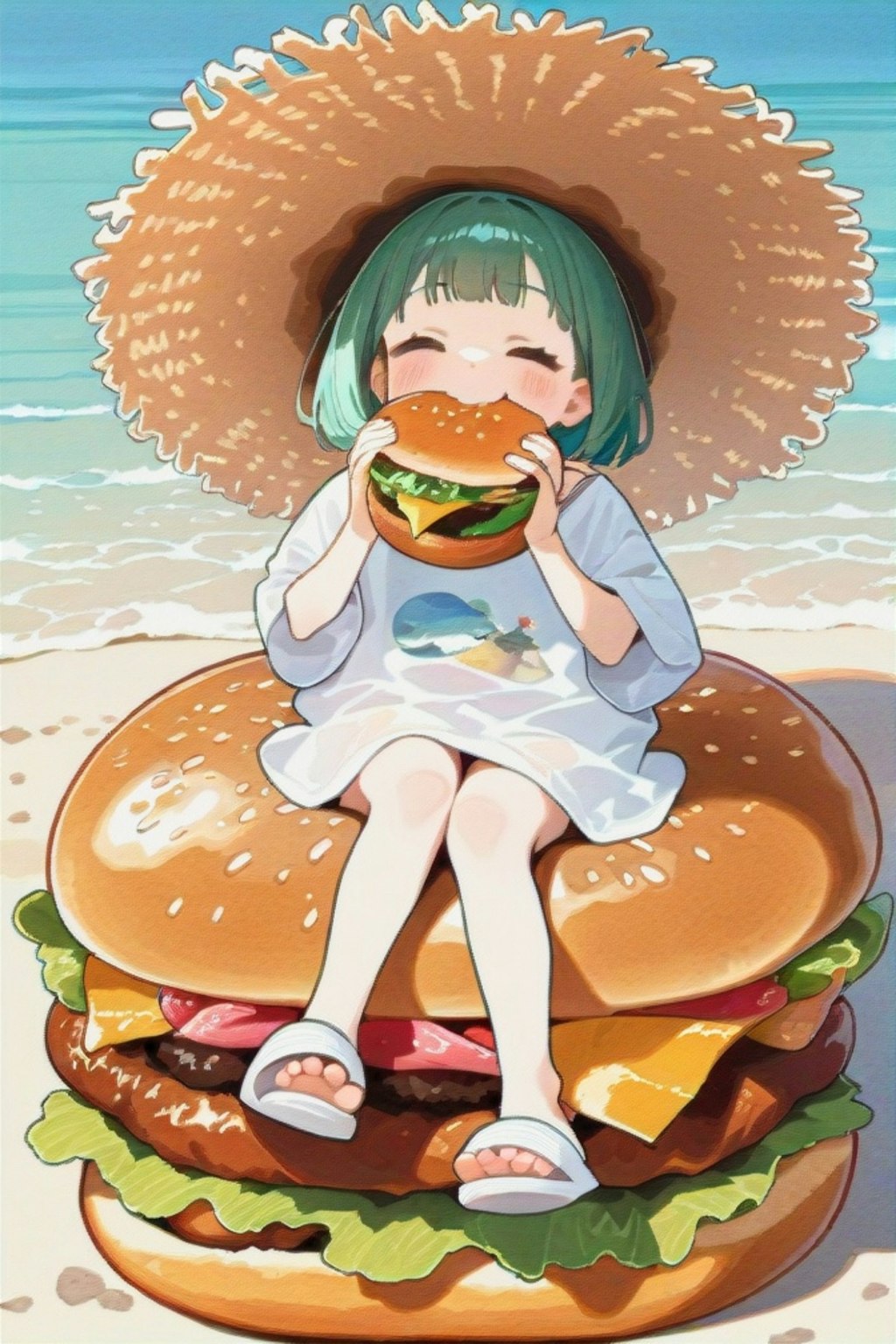 ハンバーガーと緑髪ちゃん